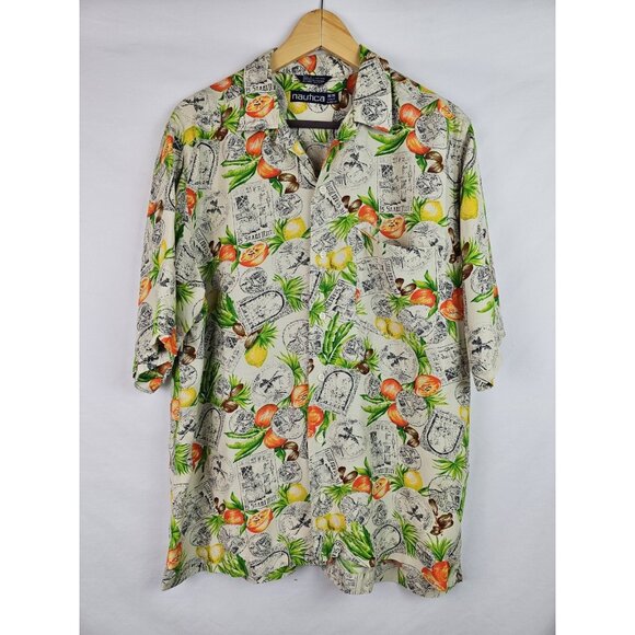 Nautica Men's Hawaiian Shirt Size Medium Citrus Fruit Short Sleeve Rayon Top - Picture 1 of 9